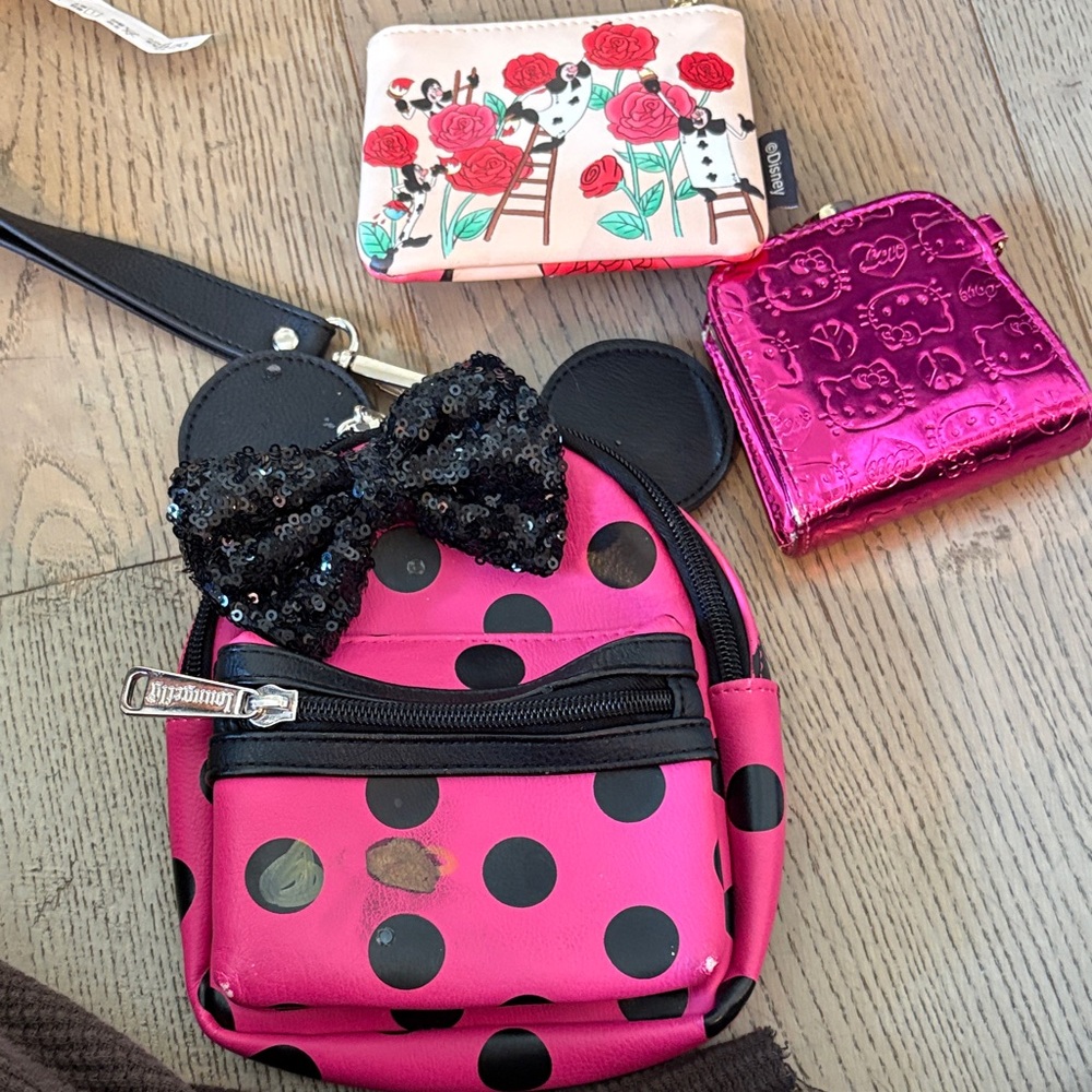 Loungefly Pink and Black Polka Dot Kids Backpack with hello kitty wallet & Alice